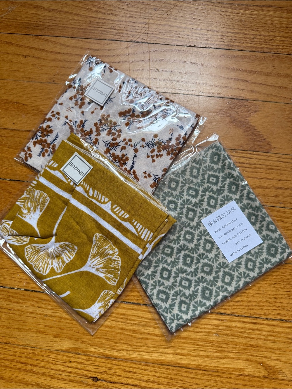 Set of 3 Printed Bandannas- Mustard Flower Print, Sage Pattern, and Floral